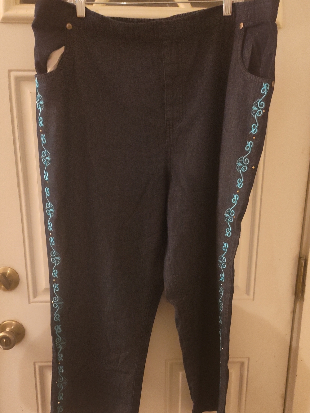 Women’s Black Denim Pants with Turquoise Side Embroidery